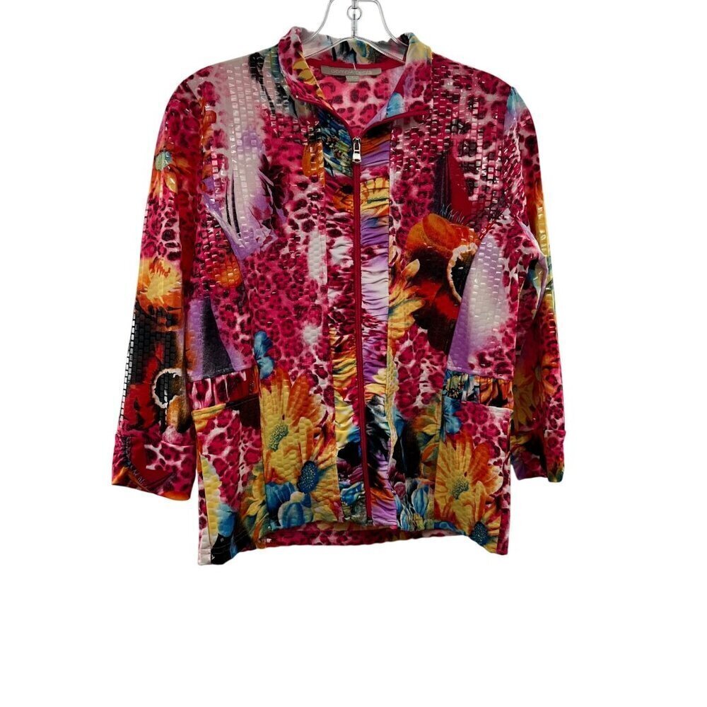 Complements Women's Full Zip Mixed Print Top Multicolor Size Small 3/4 Sleeve